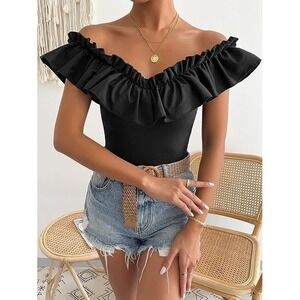 Cozyease Women off Shoulder ruffle Trim Tee Solid Flounce Sleeve Bodycon T-shirt